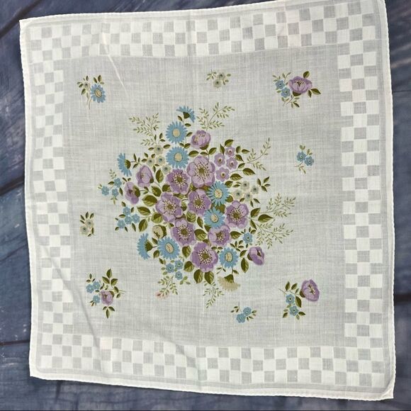 Unbranded Accessories - Vintage BLUE PURPLE White EMBROIDERED FLORAL Handkerchief Cotton CHECK BORDER